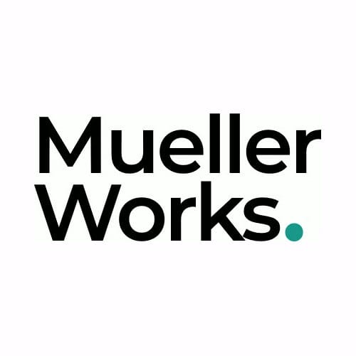 Mueller Works logo with black and teal text.