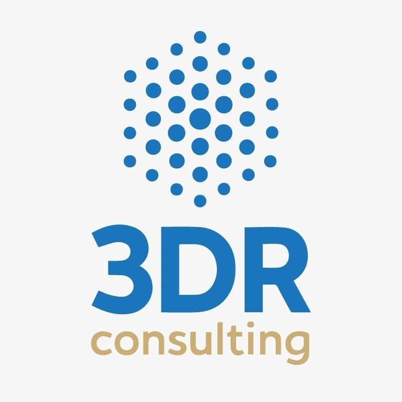 Logo of "3DR Consulting" with blue dots motif.