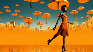 Woman with orange umbrellas floating in cityscape