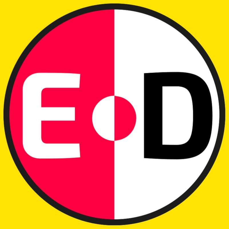 Logo with red and white letters EOD on yellow
