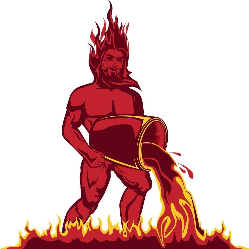 Illustration of mythological fire deity pouring lava.