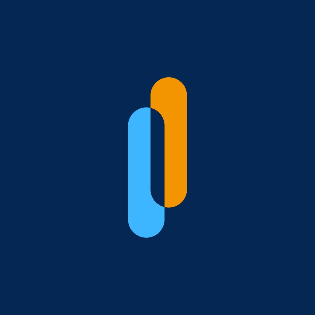 Blue background with orange and blue logo.