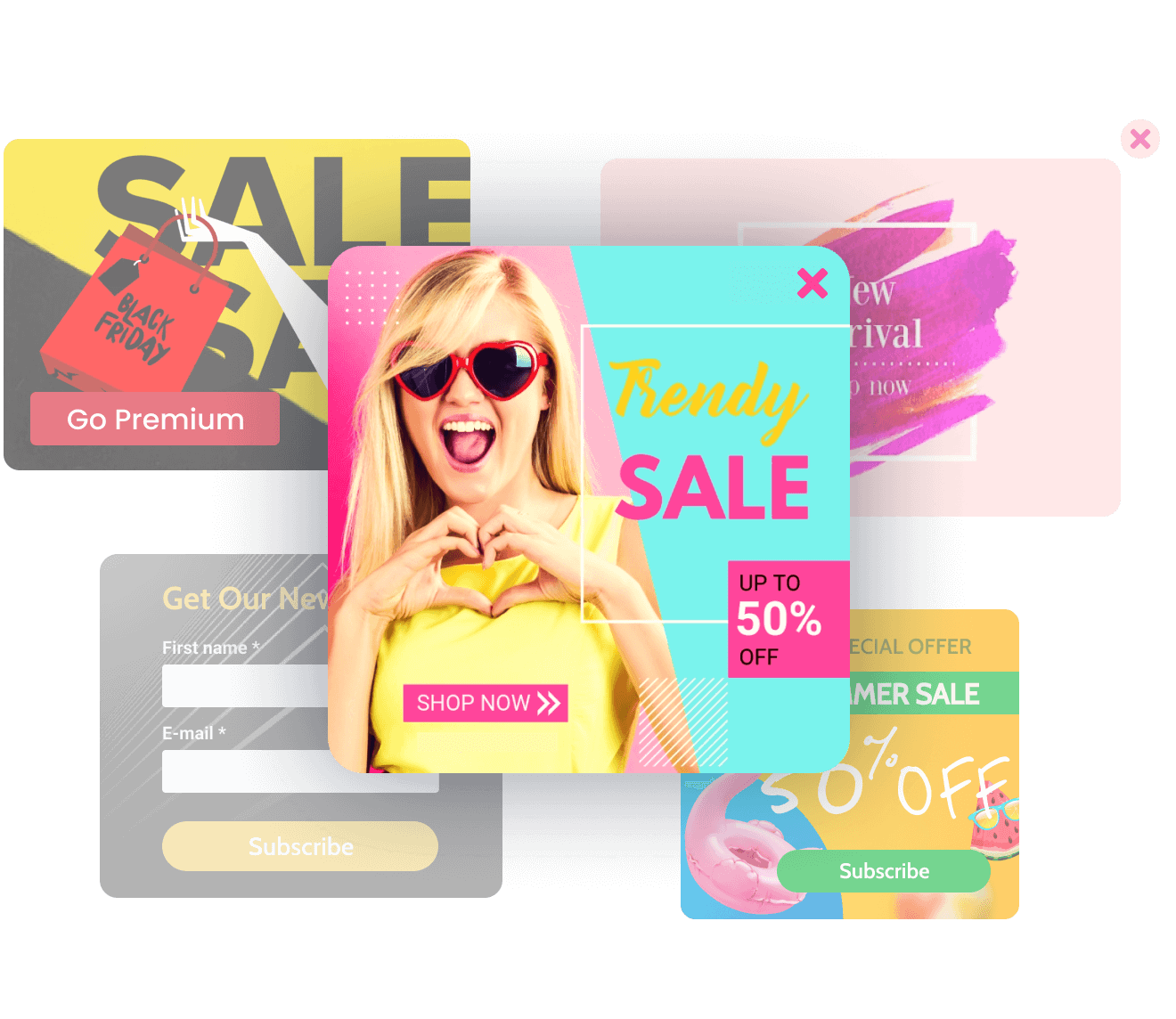 Colorful online sale advertisement with happy woman and discounts.